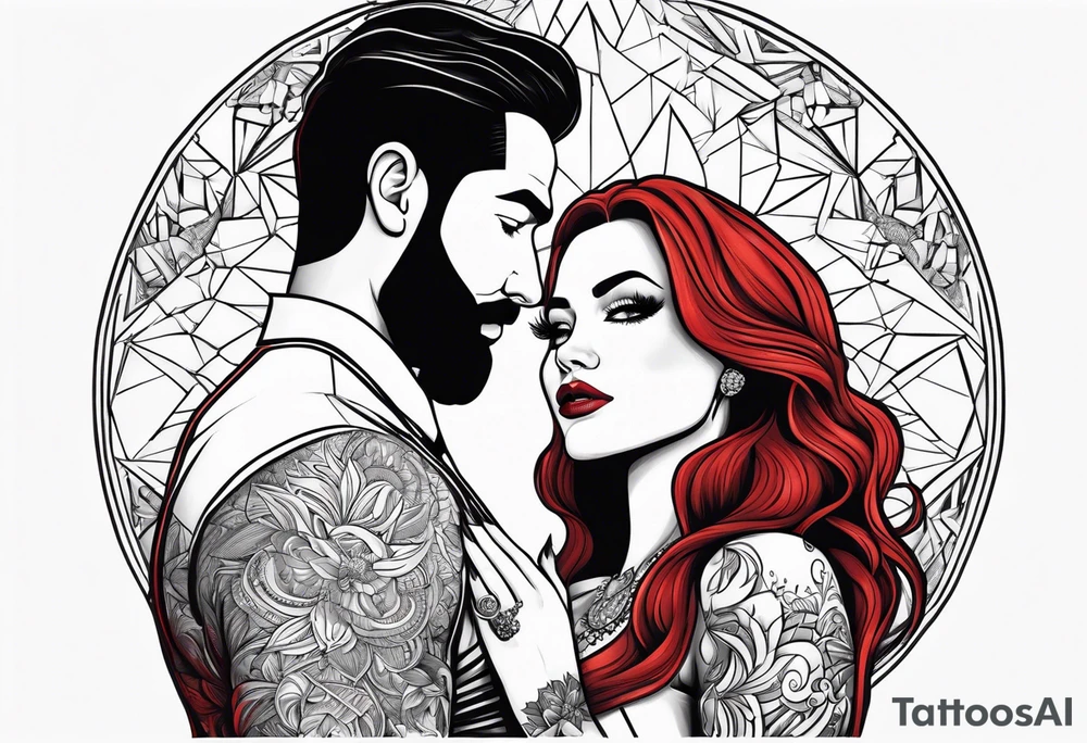 Busty red haired woman with a bearded man who has black hair getting married tattoo idea
