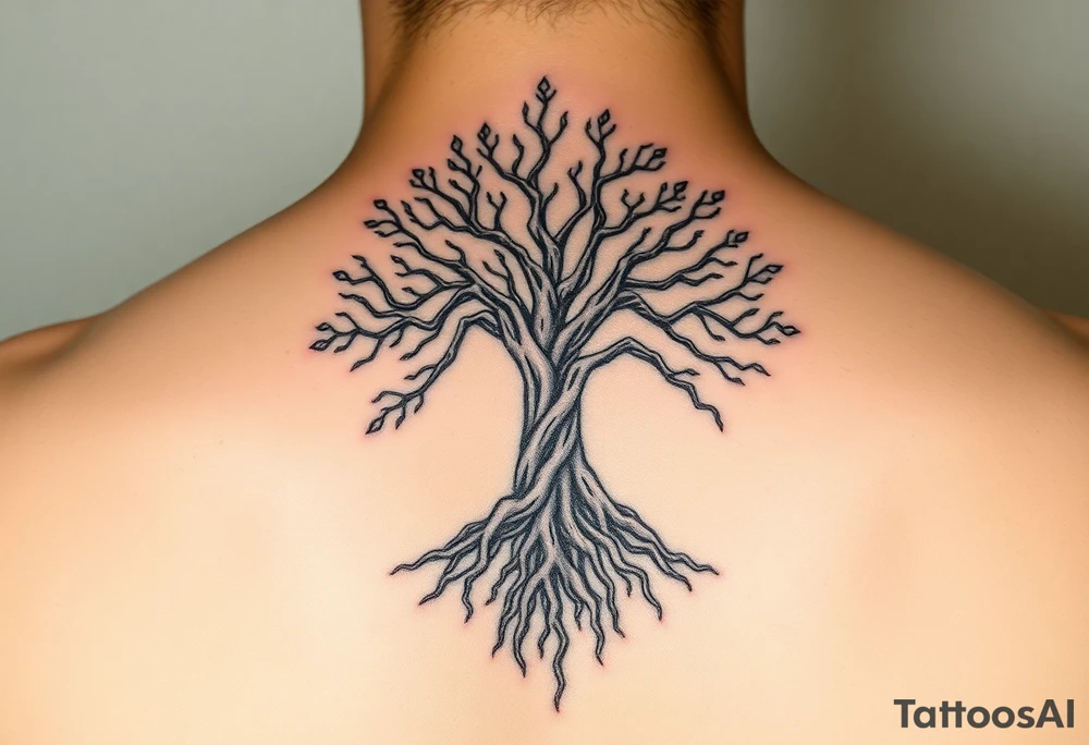 mystical tree of life with cosmic roots and celestial branches tattoo idea