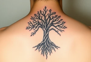 mystical tree of life with cosmic roots and celestial branches tattoo idea