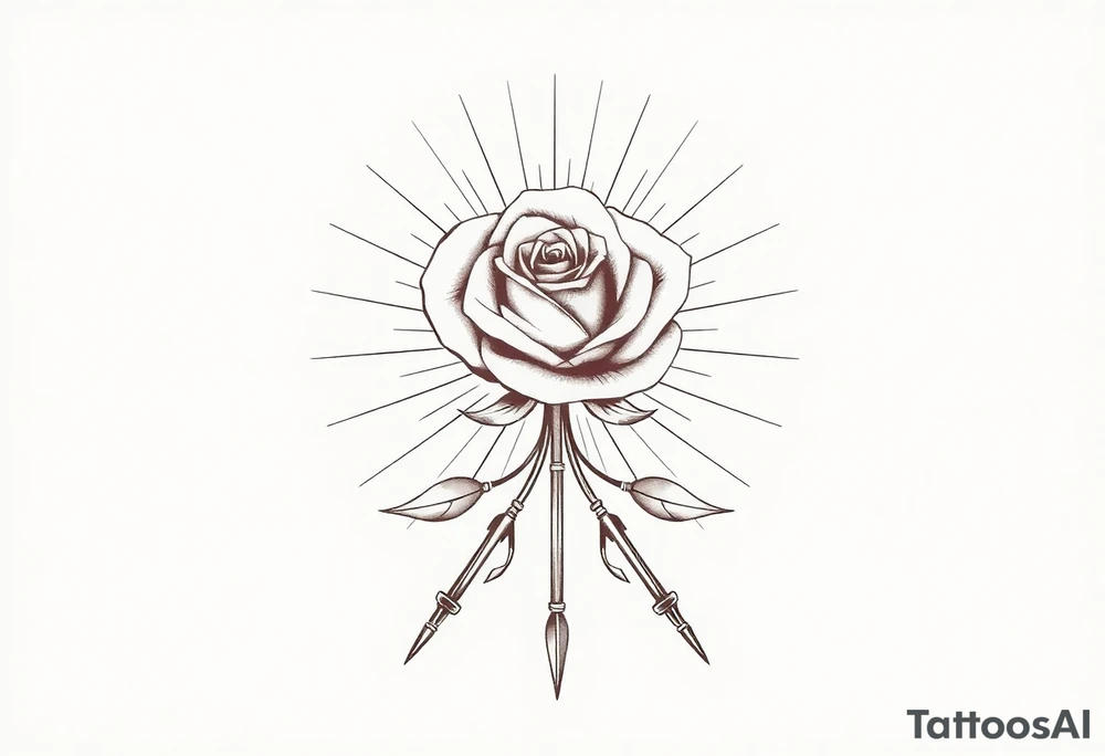 Uma ilustração abstrata com uma rosa estilizada no centro de um círculo. O círculo possui linhas radiais que se estendem para fora, criando um efeito de explosão ou halo ao redor da rosa. Abaixo do círculo, há um galho fino e alongado que conecta três alto-falantes arredondados, no estilo ‘boca de ferro’, dispostos de maneira orgânica. A composição é desenhada em tons de cinza, com texturas detalhadas e sombreamento para destacar profundidade e contraste. O estilo é artístico, minimalista, e ideal para design de tatuagens. tattoo idea