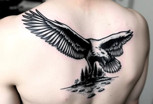 Eagle with a horse drinking from a river with some trees tattoo idea