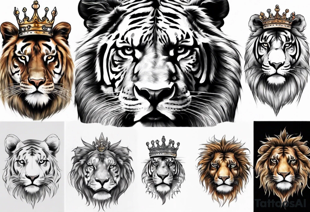 half face lion , half face tiger with a crown tattoo idea