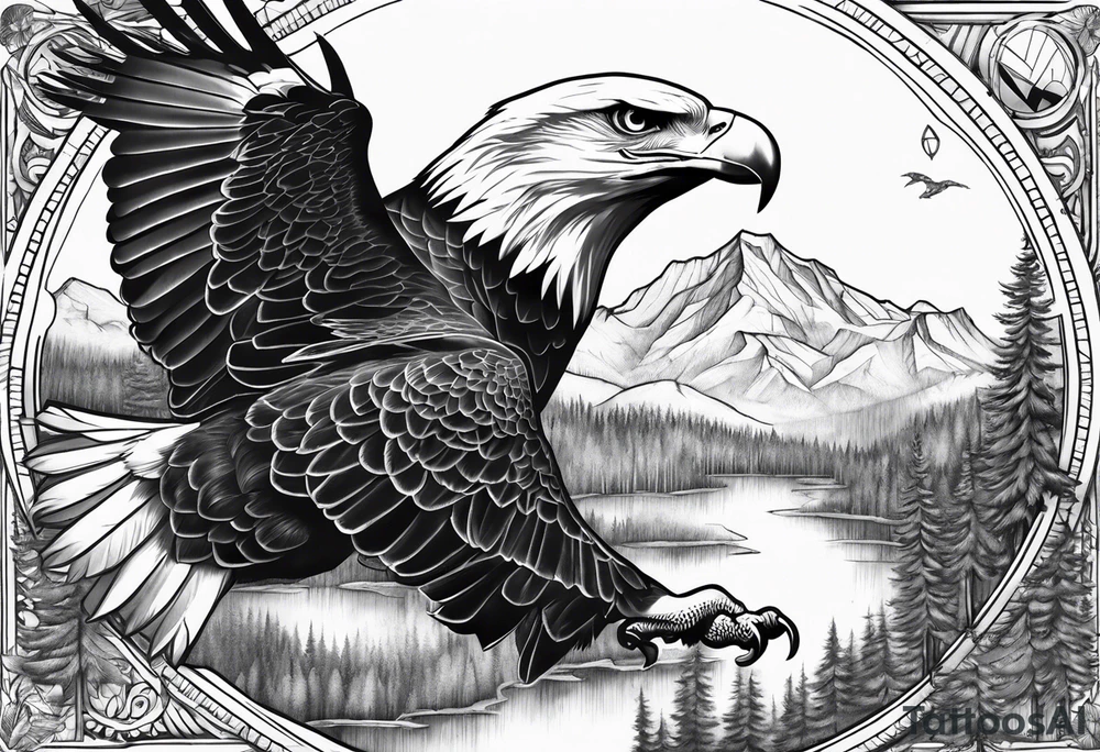 Eagle with forest scenery and compass tattoo idea
