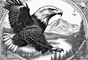 Eagle with forest scenery and compass tattoo idea