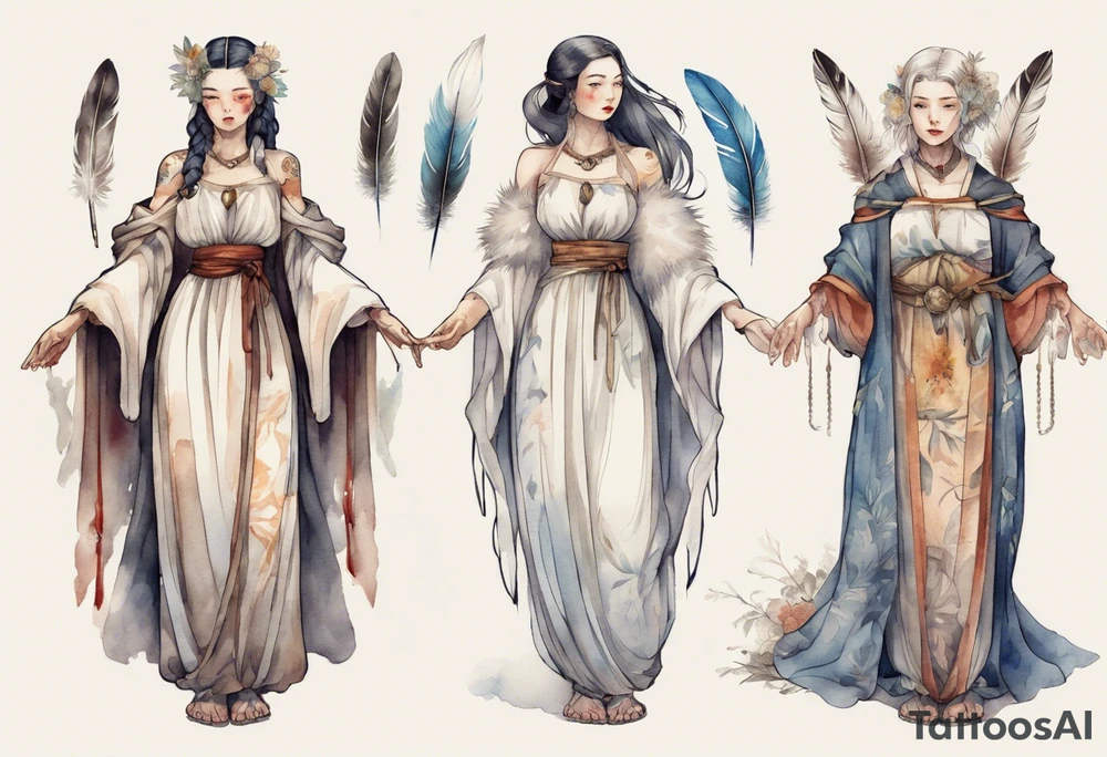 a full body medieval woman with a white feather dress tattoo idea