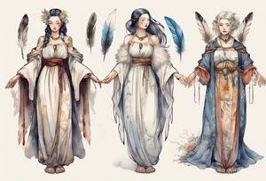 a full body medieval woman with a white feather dress tattoo idea