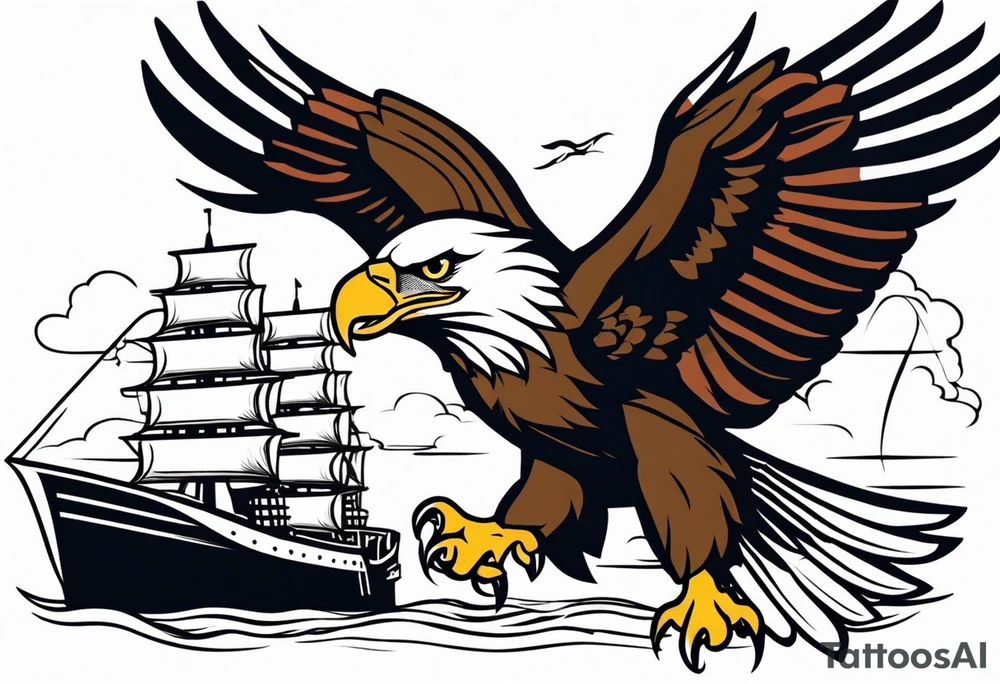 eagle flying in front of ship holding American flag in beak and holding anchor in talons tattoo idea