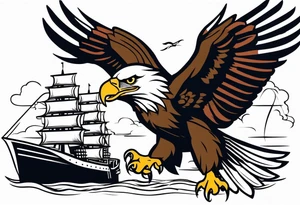 eagle flying in front of ship holding American flag in beak and holding anchor in talons tattoo idea
