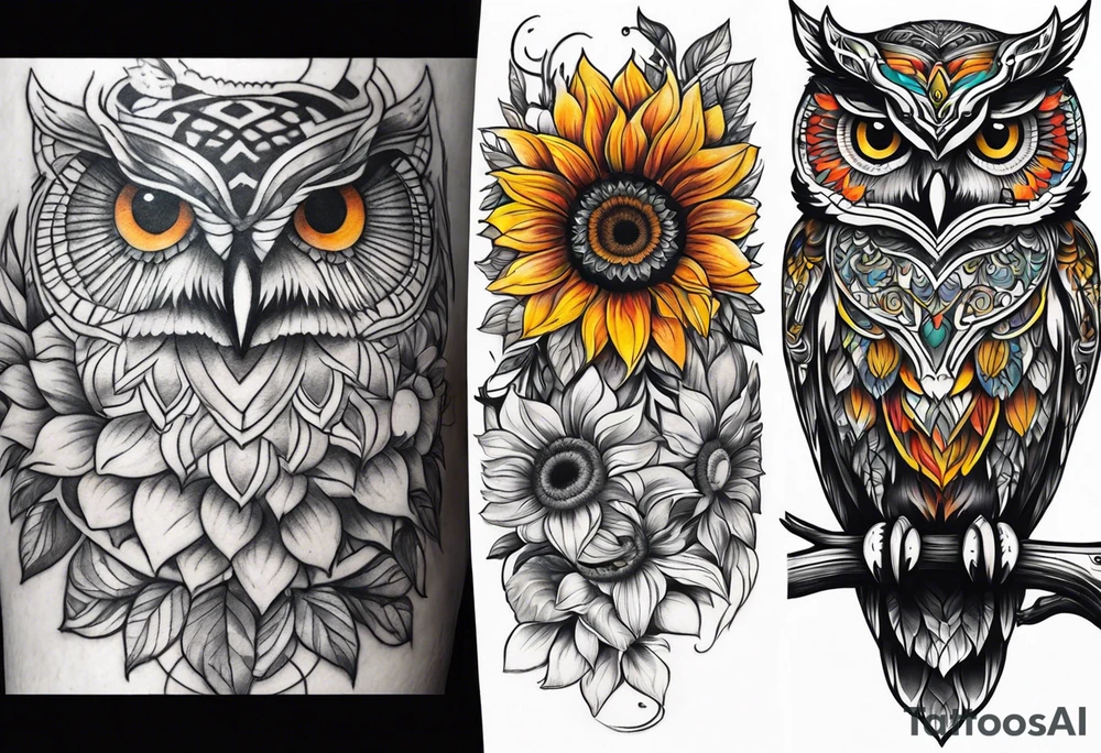 Leg sleeve with colorful sunflowers and an owl tattoo idea