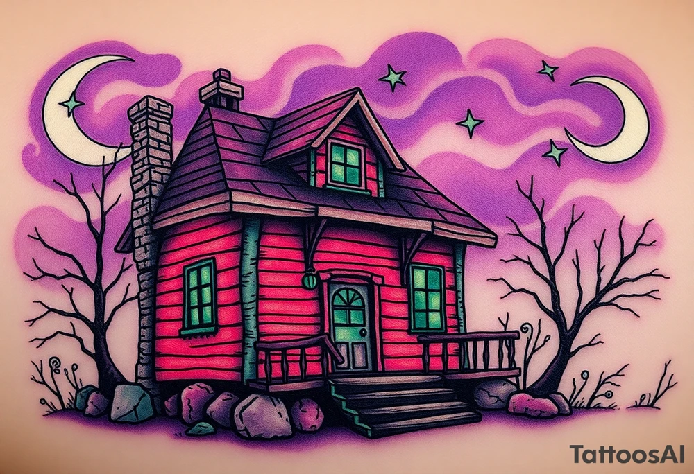 Tim Burton’s haunted pastel wood cabin home is abandoned and dripping with muted reds, dusty pinks, and eerie green glow.purple and cyan smokey clouds swirl in the crescent moonlit sky thats sprinkled with stars tattoo idea tattoo idea