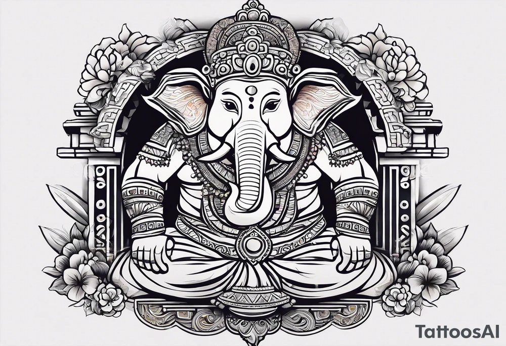 quiero crear una composicion para un tatuaje del antebrazo completo en blanco y negro con pequeños tatuajes de tematica asiatica que incluya una rana con sombrero de vietnam, varios guerreros de terracota y una imagen del templo de camboya ankor tattoo idea