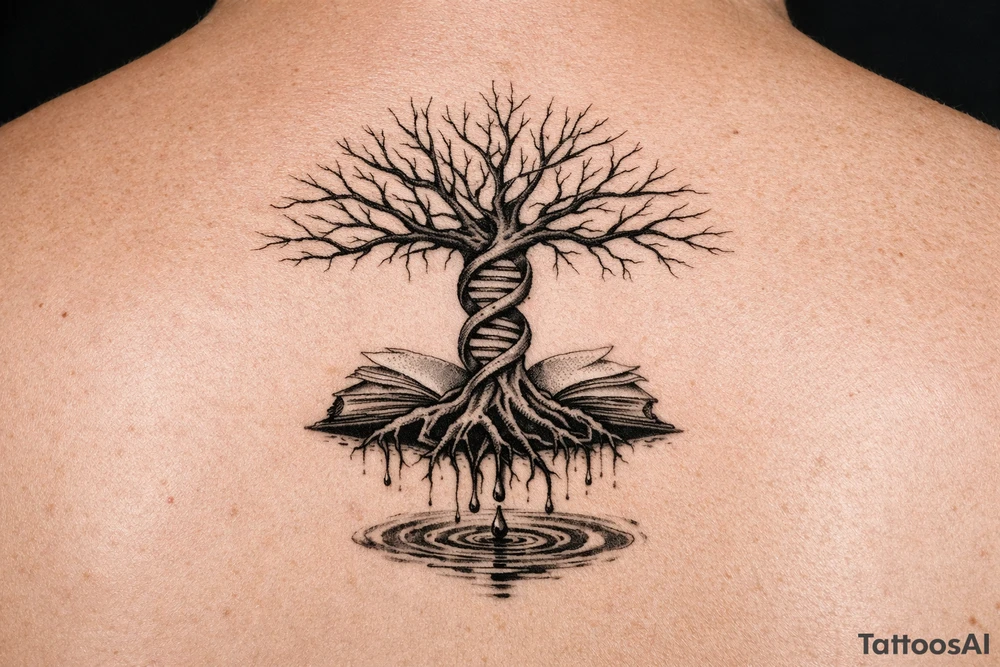 tree of life with a dna spiral for the trunk, bare branches spreading out at different lengths to represent speciation/evolution, and roots sprouting through open books to represent knowledge, with water dripping from the roots into a puddle tattoo idea