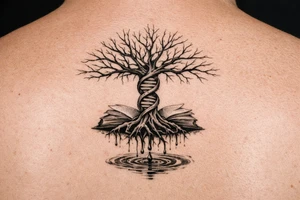 tree of life with a dna spiral for the trunk, bare branches spreading out at different lengths to represent speciation/evolution, and roots sprouting through open books to represent knowledge, with water dripping from the roots into a puddle tattoo idea