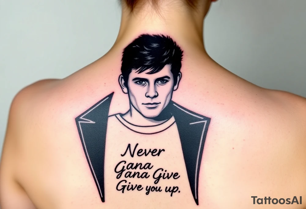 Rick Astley's Face, shoulders, Black jacket, Black and White T-shirt outline with text "Never Gonna Give You Up" tattoo idea