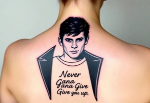 Rick Astley's Face, shoulders, Black jacket, Black and White T-shirt outline with text "Never Gonna Give You Up" tattoo idea