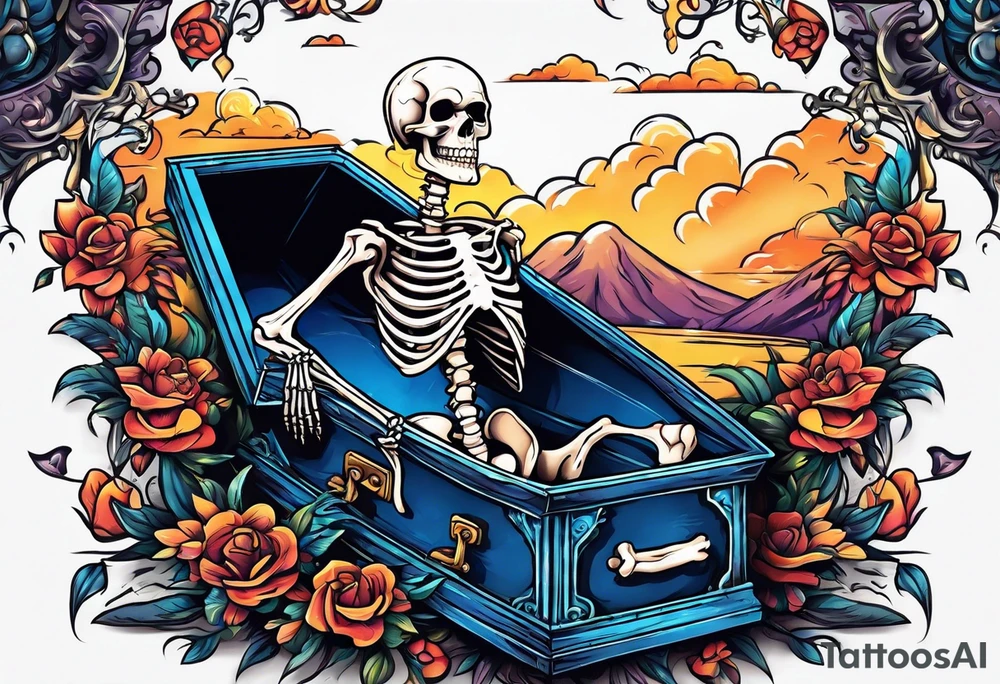 skeleton getting out of coffin tattoo idea
