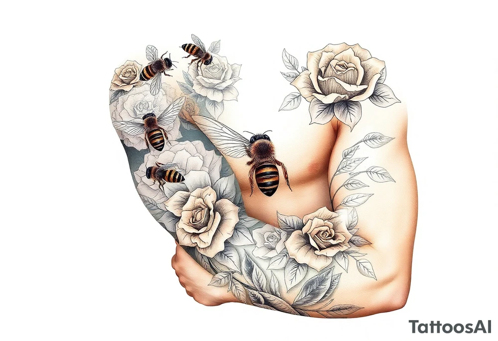 honey comb, bees, and roses tattoo idea