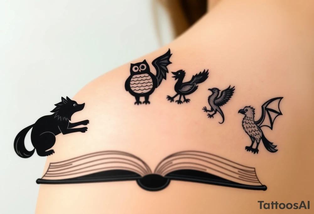 An open book with black silhouettes of a werewolf, an owl, a dragon & a phoenix coming out of the book tattoo idea