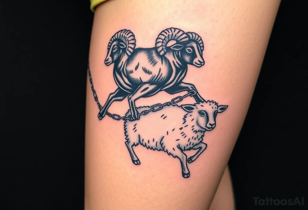 Black sheep with muscles breaking out of chains 
Calf tattoos walking over white sheep tattoo idea