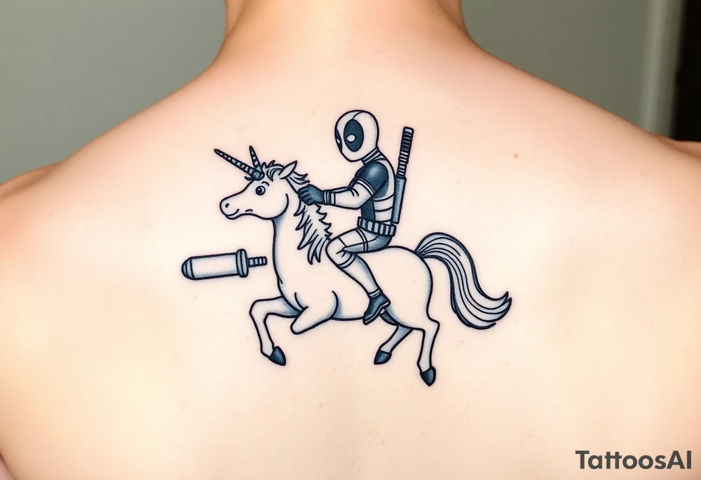Deadpool riding unicorn pointing rocket propelled grenade launcher tattoo idea