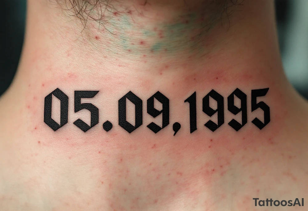 Sharp 05.09.1995 in stencil-style black numbers with hints of dark forest green behind. tattoo idea