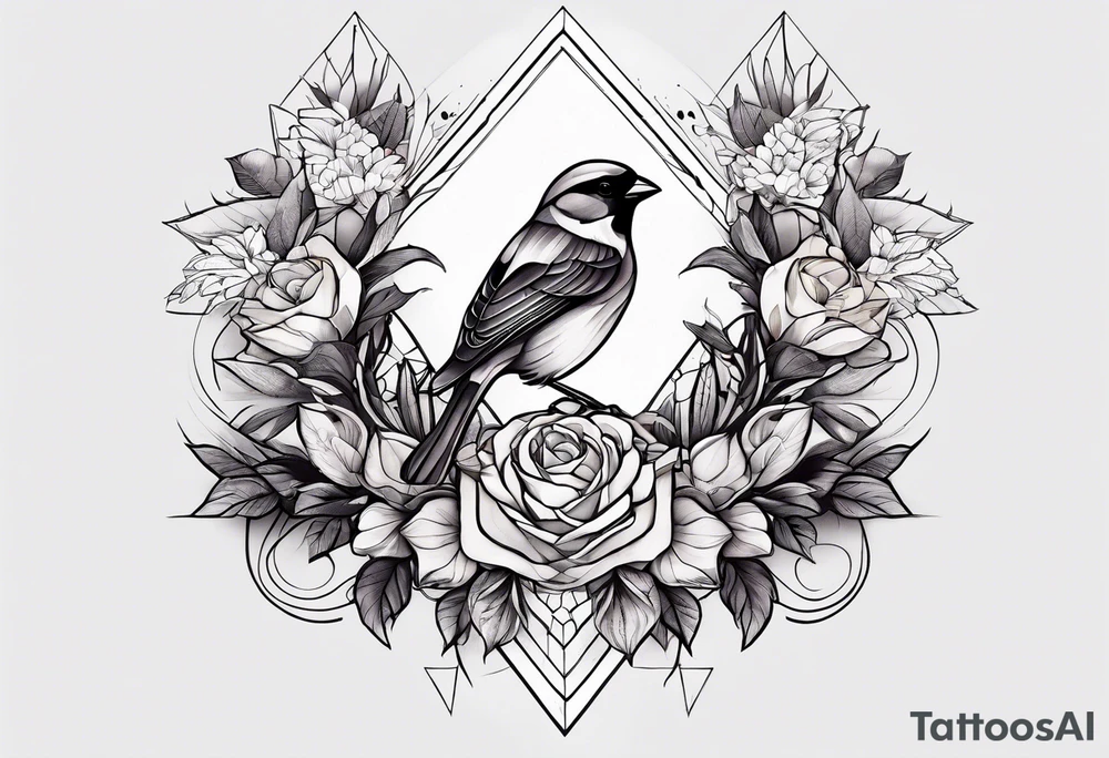A dark sparrow tattoo with geometric shapes and flowers tattoo idea