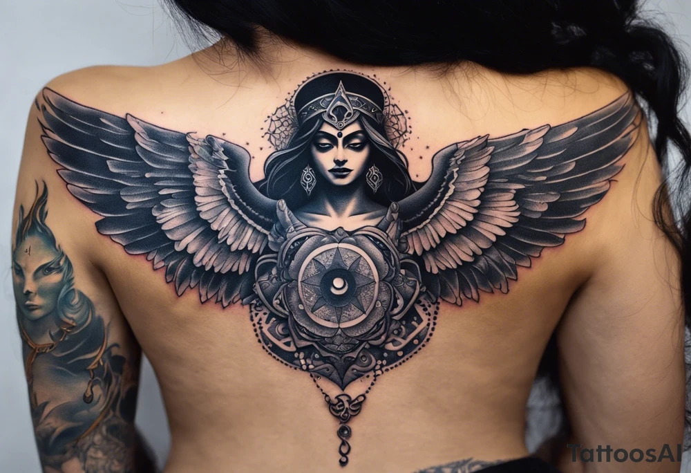 black kali, goddess pirate, alien, angel, pachamama, valkrye, warrior, flying, skull, lotus azul, wing, eagle, zenza resonance, stars, 5D, anahata chakra, death, durga, riding on a tiger, flying lady, kundalini, chest tatoo, rebel tattoo idea