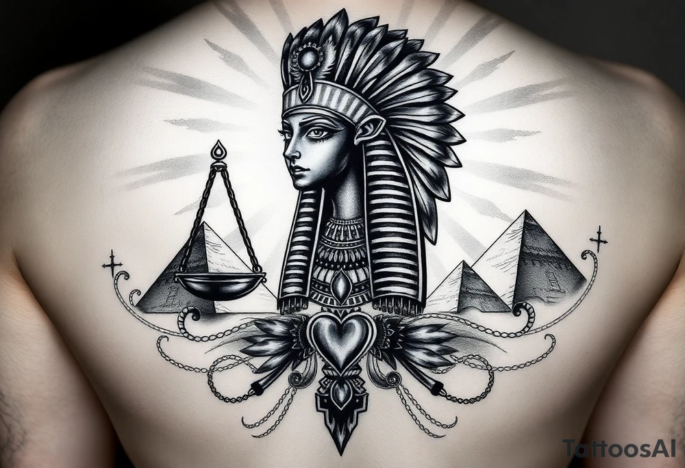 “Super realistic black and grey tattoo of the Egyptian goddess Ma’at, depicted as a regal woman with an ostrich feather headdress, intense glowing eyes, and intricate ancient Egyptian jewelry. She stands or floats amidst swirling cosmic energy and beams of light, with subtle hieroglyphics and pyramids in the background. Incorporate the Scales of Justice—one side holding a heart, the other Ma’at’s feather—glowing with ethereal energy. Emphasize dramatic lighting, deep shadows, and surreal, mystical atmosphere to match a sleeve with Anubis and cosmic motifs. Design should flow with existing sleeve art, using soft transitions and layered textures. tattoo idea