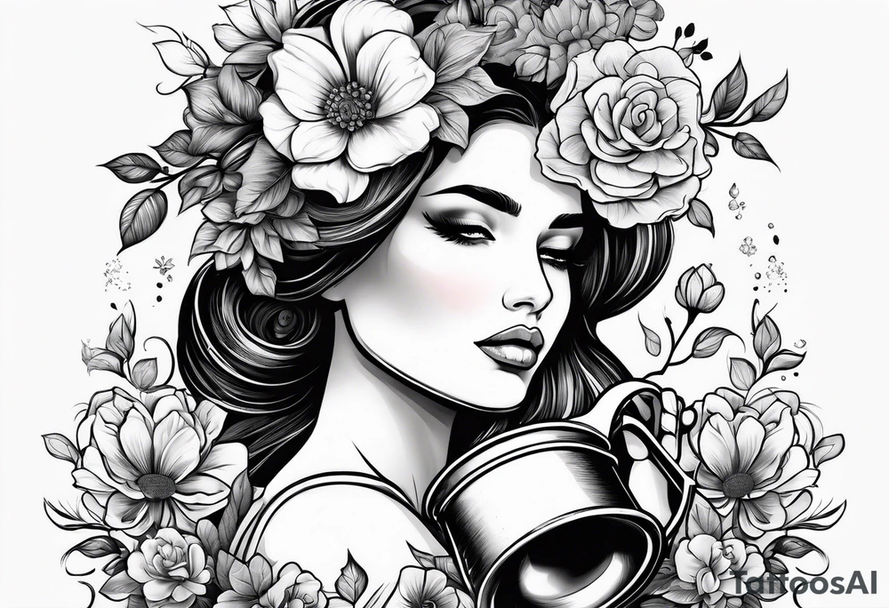 woman with flowers coming out of head with watering can in one hand watering her head with the other arm across her body holding her shoulder tattoo idea