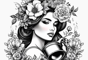woman with flowers coming out of head with watering can in one hand watering her head with the other arm across her body holding her shoulder tattoo idea