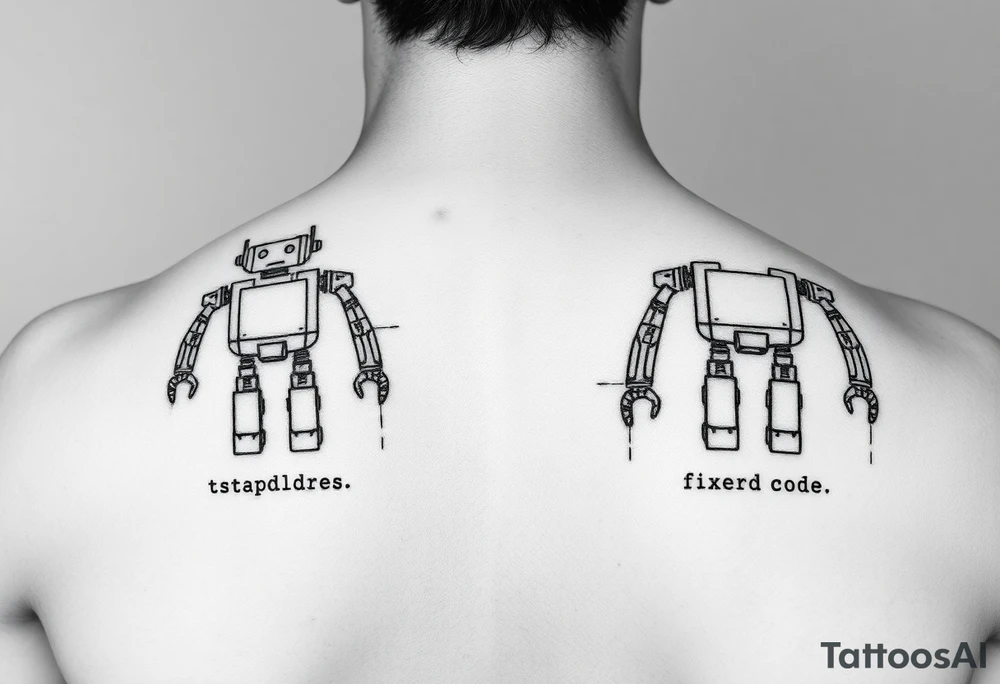 start with a simple line-art robot—give it a subtle glitch effect by offsetting a few circuit lines. Then add the code phrase below or beside it. For his side, mirror that same robot design, but keep the lines clean, and add the "fixed" code phrase. tattoo idea
