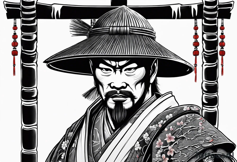 Irezumi style samurai in front of shinto shrine in bamboo grove tattoo idea