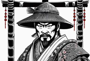Irezumi style samurai in front of shinto shrine in bamboo grove tattoo idea