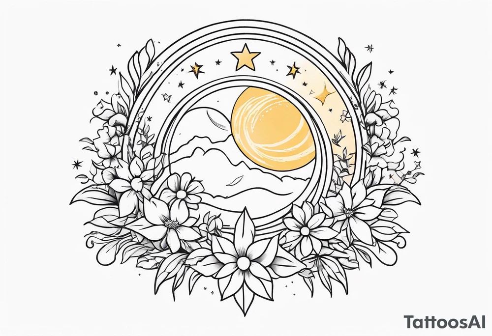Western floral with sun stars and moon. Mirrored tattoo idea