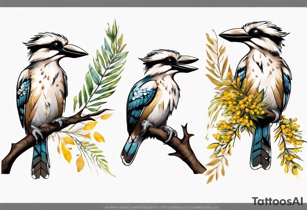 Small kookaburra holding wattle leaves tattoo idea