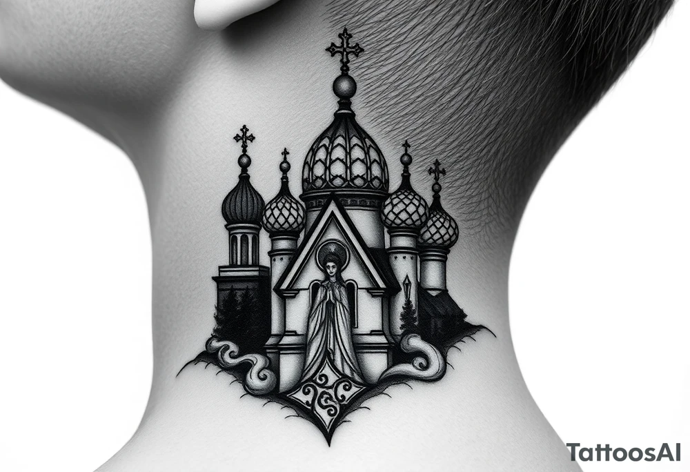 Flowing Scene

A onion domes orthodox church
Virgin Mary in prayer pose wrapping around the lower neck curve
A small double headed russian coat of arms eagle or just the star tucked above the dome near the hairline tattoo idea