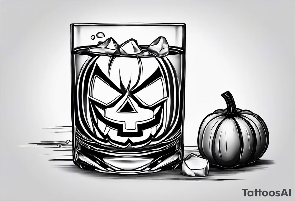 glass of whiskey but the ice cube is a jack-o-lantern tattoo idea