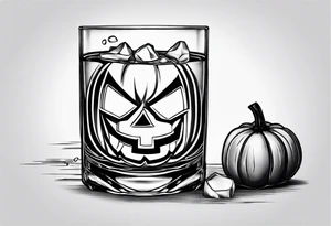 glass of whiskey but the ice cube is a jack-o-lantern tattoo idea