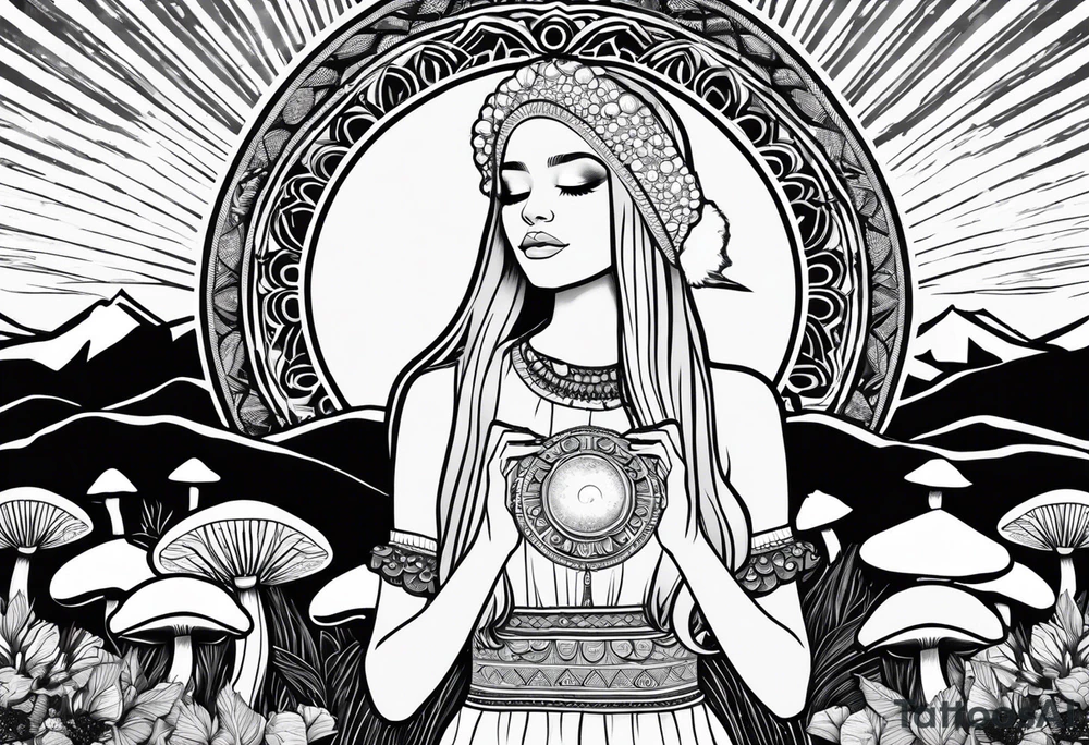 Straight blonde hair girl holding mushrooms in hand meditating facing away toward mountains surrounded by mushrooms crescent moon mandala circular design black and white striped dress tattoo idea