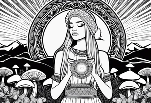 Straight blonde hair girl holding mushrooms in hand meditating facing away toward mountains surrounded by mushrooms crescent moon mandala circular design black and white striped dress tattoo idea