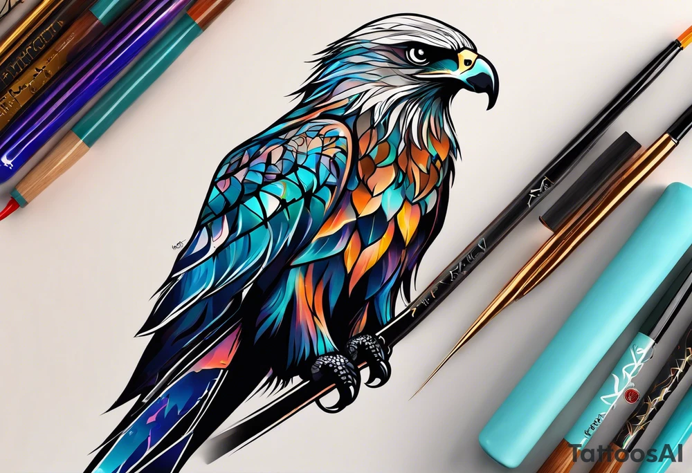 I want a tattoo for my daughter, her name is Daya which means black kite. I also love natur and I'm a climate change activist. Make the black kite soft, little more child like. For small tattoo. Lass details. Add climate element's. Colorfull and happy tattoo idea