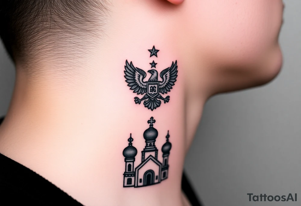 Stacked Vertical Column 

Russian star — small, bold
Middle: Miniature double-headed eagle — simplified, cleaner lines to suit the smaller space
Bottom: Orthodox church dome(s) with a small Virgin Mary silhouette beneath tattoo idea