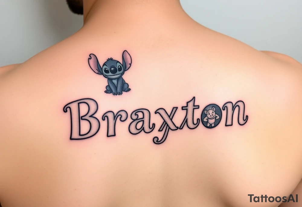 The name Braxton in small bubble letters with a animated stitch character from lilo and stitch 
The name Bentley in small bubble letters with a animated Piglet from Winnie the Pooh 
The name Cayden in small bubble letters with a Sully from monsters inc 
All in one tattoo tattoo idea