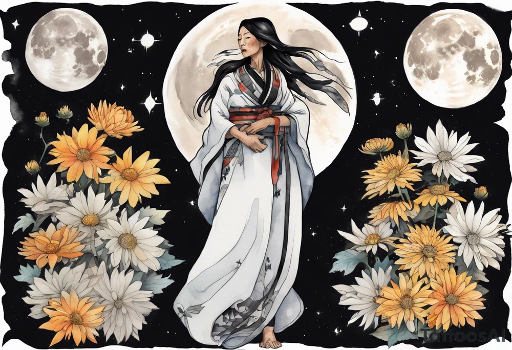 a beautiful 50-year-old Anishinaabe woman wearing black and white robes standing on the moon with a chrysanthemum tattoo idea