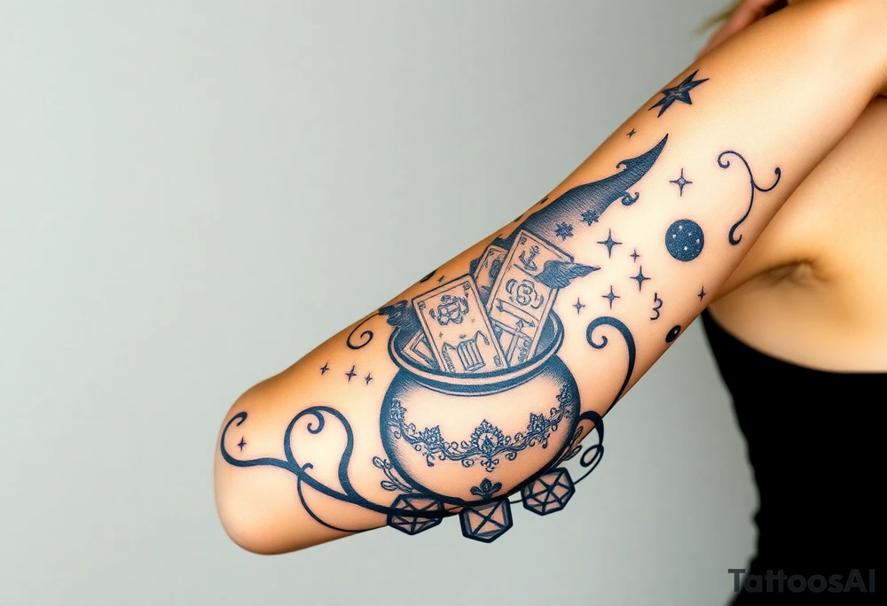 Milky way galaxy filled with zodiac symbols runes tarot cards coming out of a cauldron tattoo idea