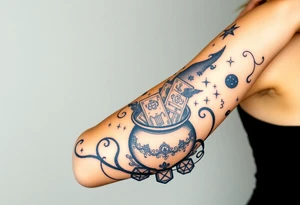 Milky way galaxy filled with zodiac symbols runes tarot cards coming out of a cauldron tattoo idea