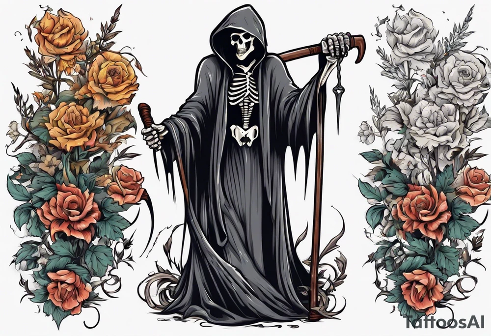 grim reaper holding scythe, flowers tattoo idea
