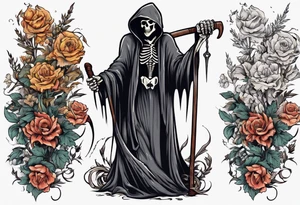grim reaper holding scythe, flowers tattoo idea