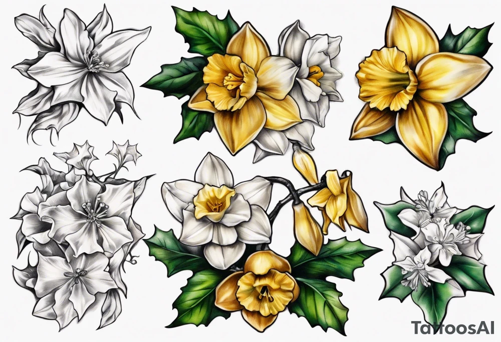 Name OAKLEE with Narcissus and holly flowers tattoo idea