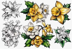 Name OAKLEE with Narcissus and holly flowers tattoo idea